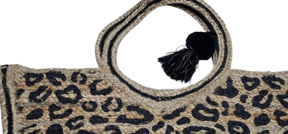 America & Beyond Jute Leopard Print Tote Bag Large Tan Black - Picture 15 of 16